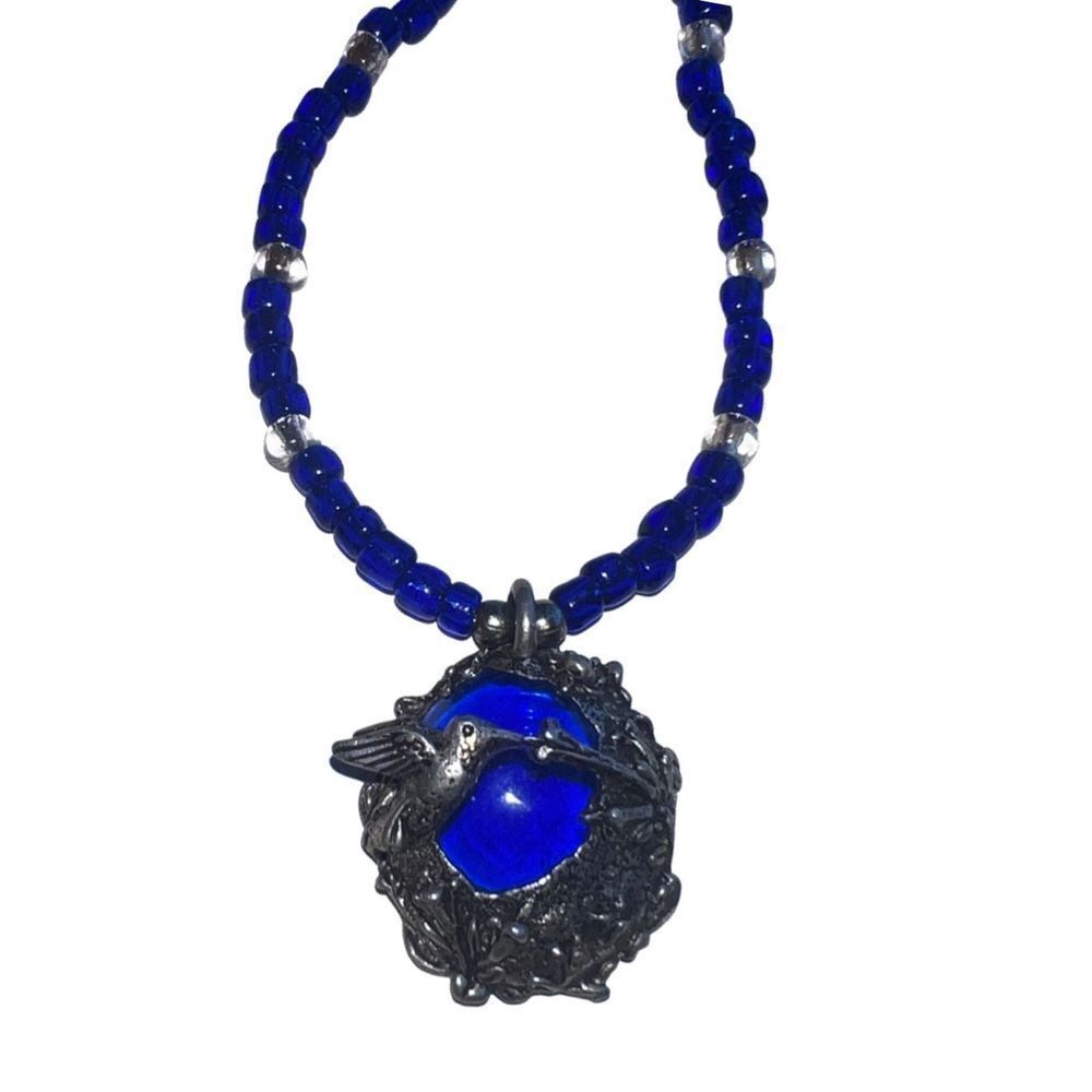 Vintage Wheeler 94 Signed Blue Beads Necklace Gemstone Pendant Silver Tone Metal